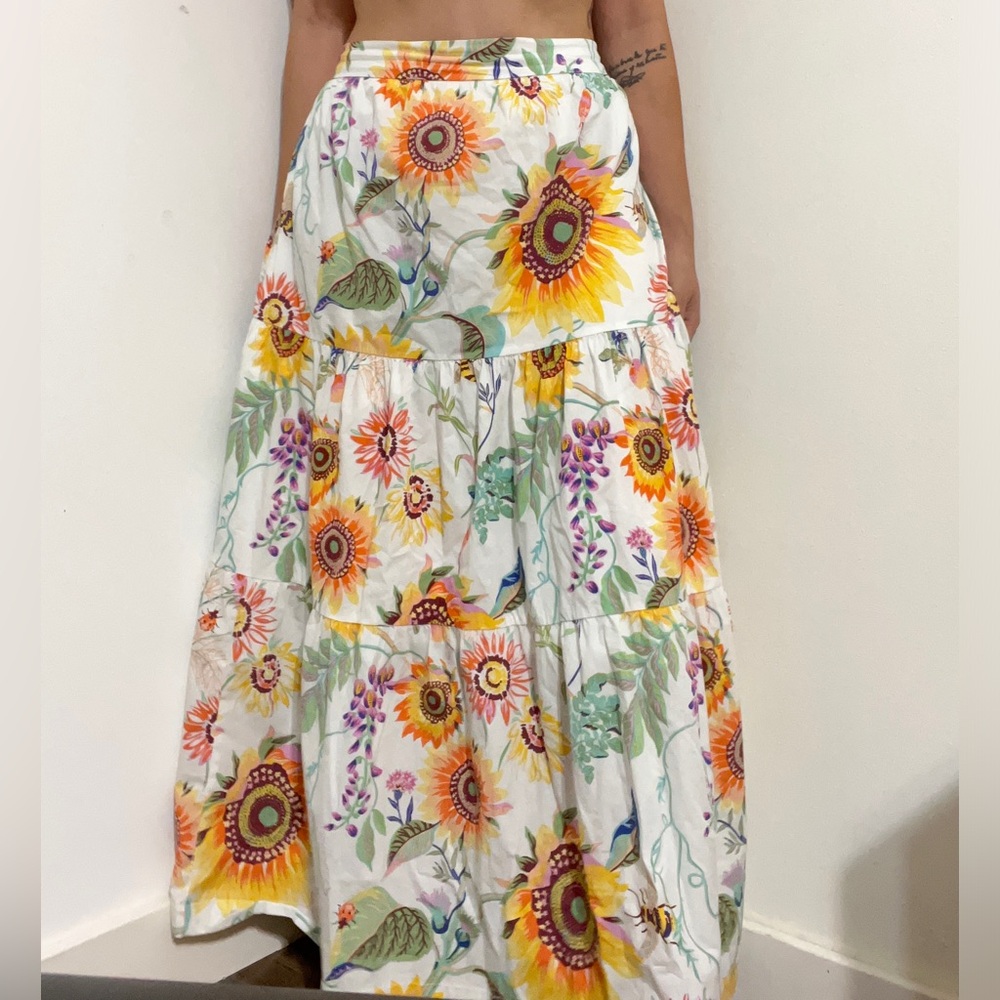 Elie Tahari white combo floral boho cottage Tiered Maxi cotton Skirt large